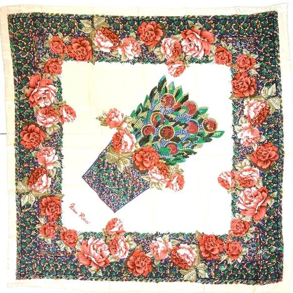 VTG Silk 34" Scarf Nina Ricci Paris Floral Roses‎ Cream Peach Mosaic Head Scarf - Picture 4 of 9